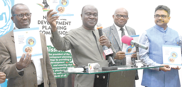 Prof. George Gyan Baffour (2nd from left), Chairman of the NDPC, launching the 2021 District League Table report. With him are David Annan (left), Vice-Chairman, NDPC; Dr Nana Ato Arthur (2nd from right), Head of Civil Service, and Mr Mrunal Shetye, Deputy Representative of UNICEF Ghana. Picture: EBOW HANSON